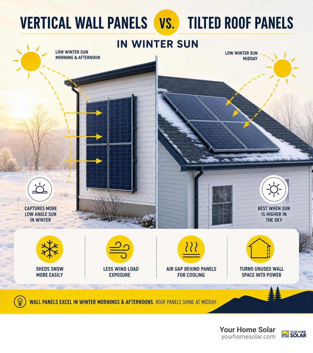 Vertical wall panels versus tilted roof panels in winter sun infographic Vertical wall panels versus tilted roof panels in winter sun infographic