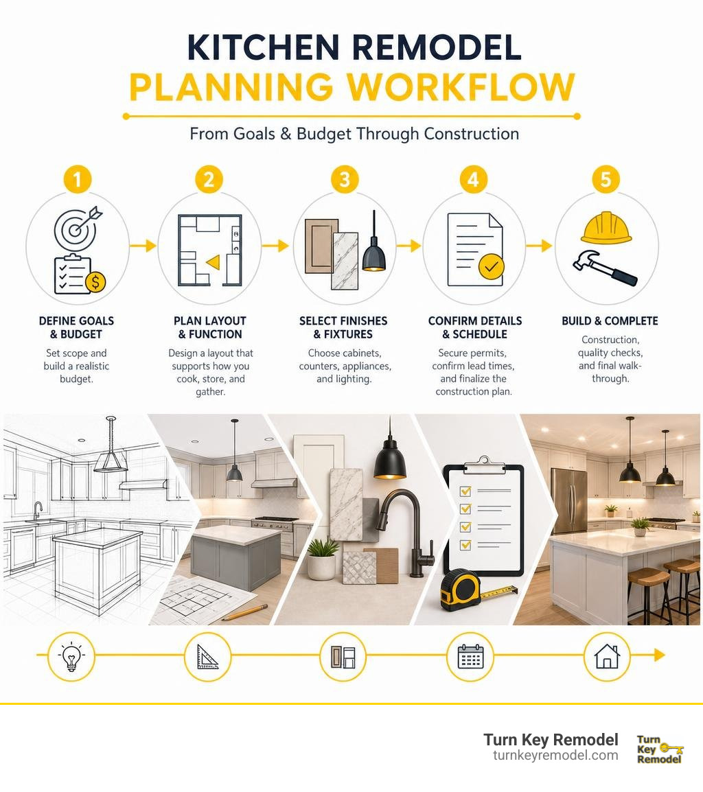 Kitchen remodel planning workflow from goals and budget through construction infographic Kitchen remodel planning workflow from goals and budget through construction infographic