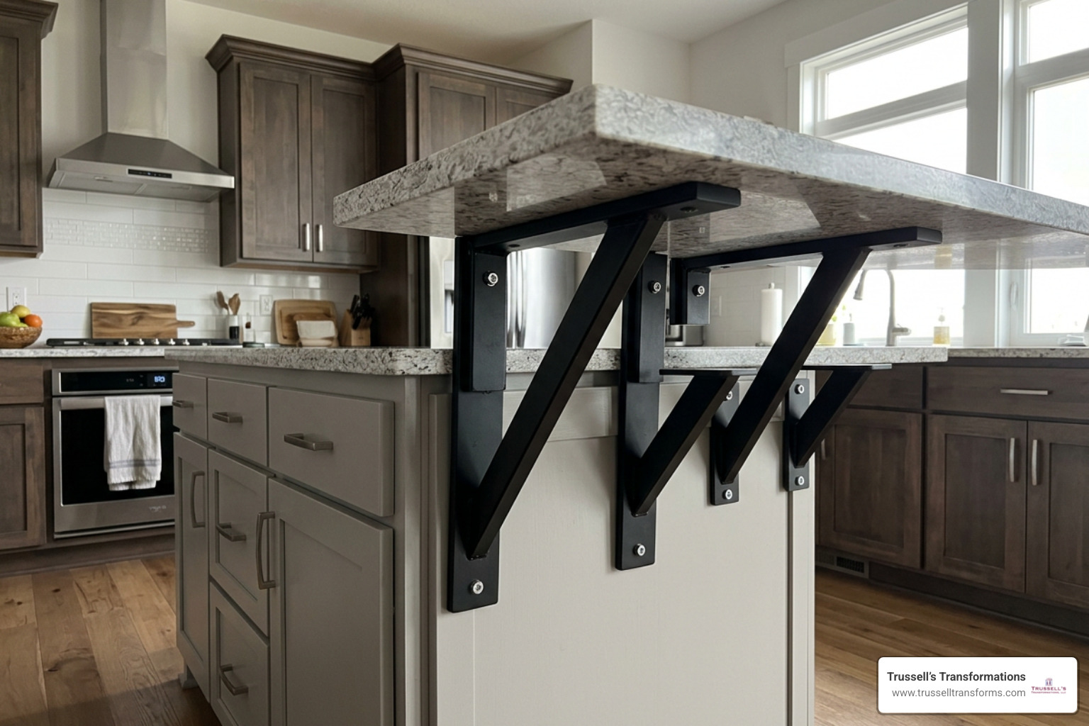 Heavy-Duty Steel Support Brackets Mounted Beneath An Island Countertop Overhang Heavy-Duty Steel Support Brackets Mounted Beneath An Island Countertop Overhang