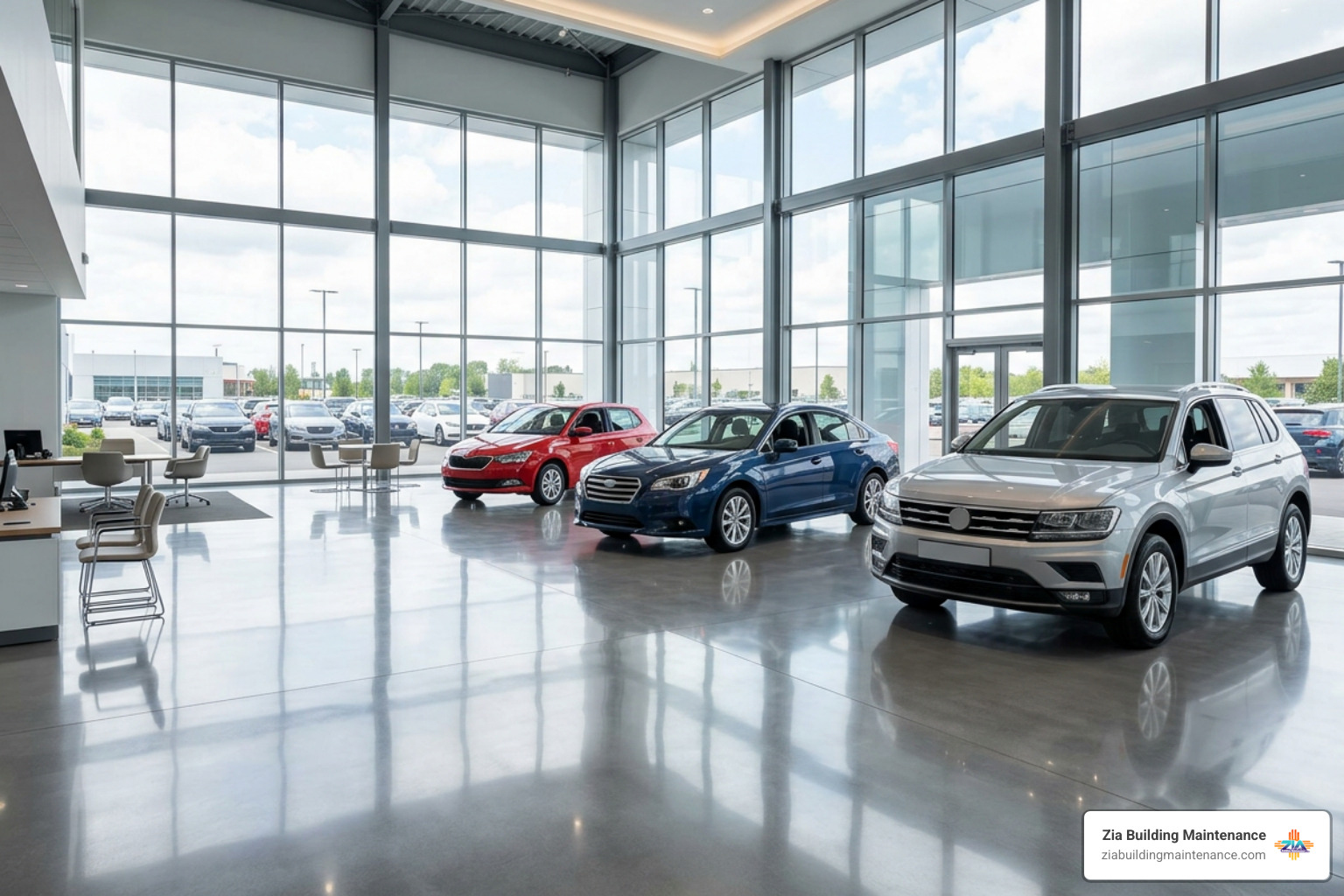 Polished dealership showroom floor with streak-free glass windows Polished dealership showroom floor with streak-free glass windows