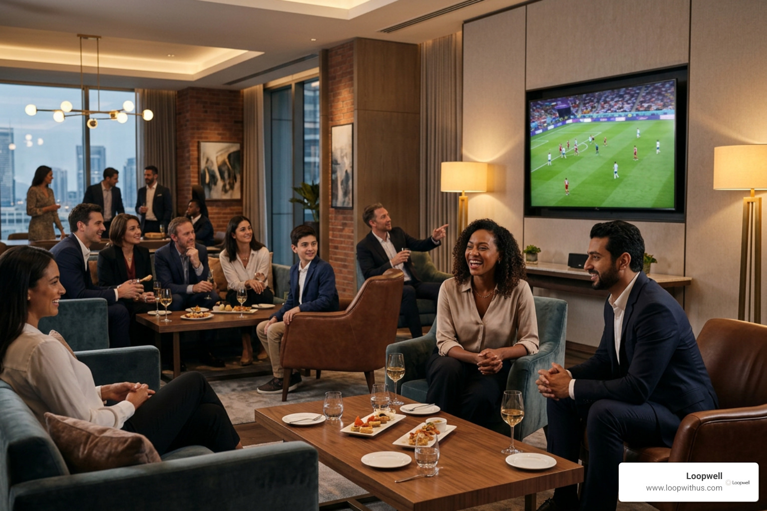 Sophisticated diverse guests enjoying a curated soccer screening in an upscale lounge Sophisticated diverse guests enjoying a curated soccer screening in an upscale lounge
