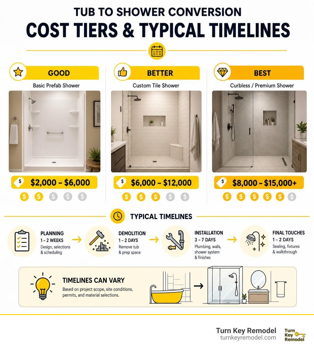 Tub to shower conversion cost tiers and typical timelines infographic Tub to shower conversion cost tiers and typical timelines infographic