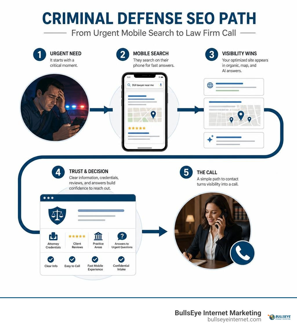Criminal defense SEO path from urgent mobile search to law firm call infographic Criminal defense SEO path from urgent mobile search to law firm call infographic