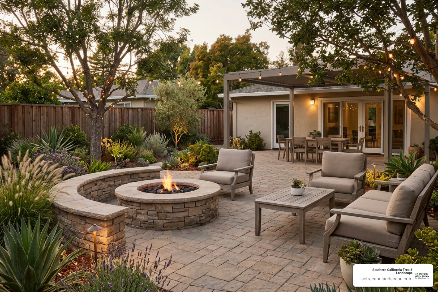 Outdoor living space featuring a custom paver patio and integrated fire pit