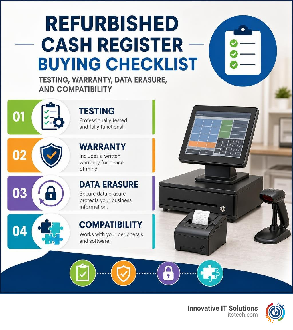 Refurbished cash register buying checklist: testing, warranty, data erasure, and compatibility infographic Refurbished cash register buying checklist: testing, warranty, data erasure, and compatibility infographic