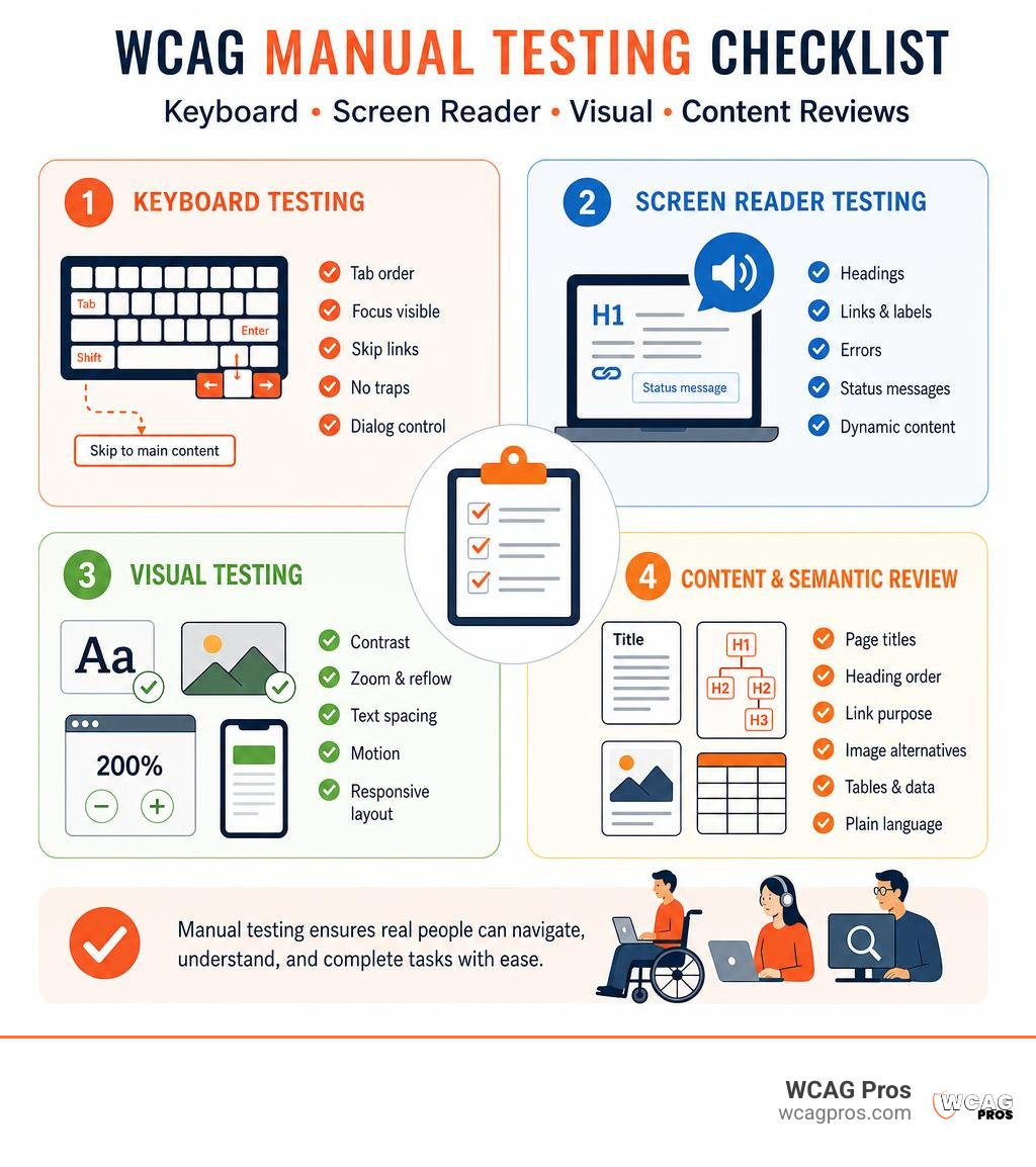 WCAG manual testing checklist for keyboard, screen reader, visual, and content reviews infographic WCAG manual testing checklist for keyboard, screen reader, visual, and content reviews infographic
