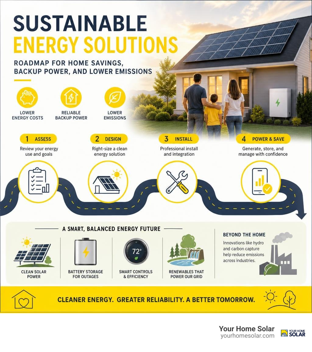 Sustainable energy solutions roadmap for home savings, backup power, and lower emissions infographic Sustainable energy solutions roadmap for home savings, backup power, and lower emissions infographic