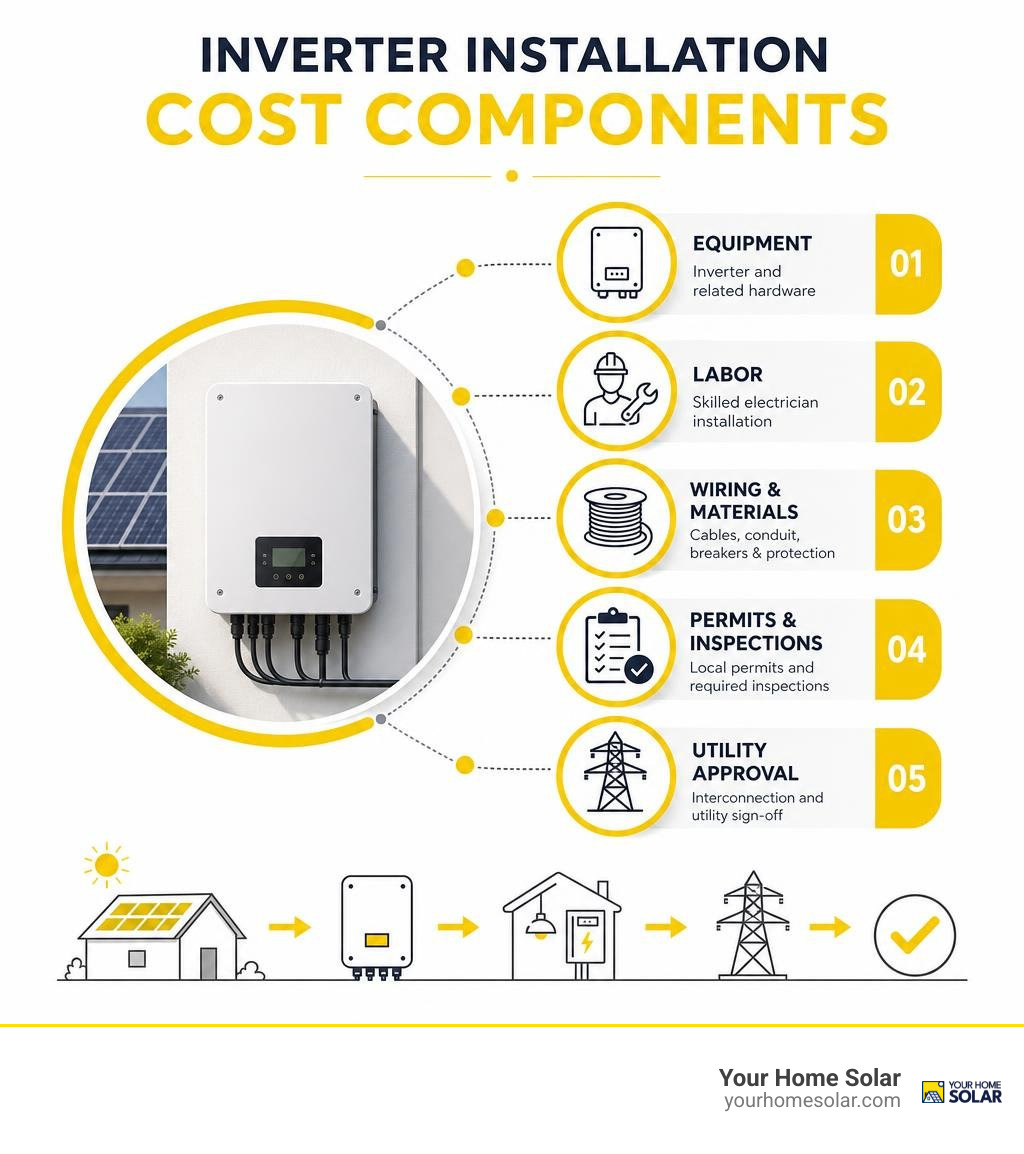 Inverter installation cost components: equipment, labor, wiring, permits, and utility approval infographic Inverter installation cost components: equipment, labor, wiring, permits, and utility approval infographic