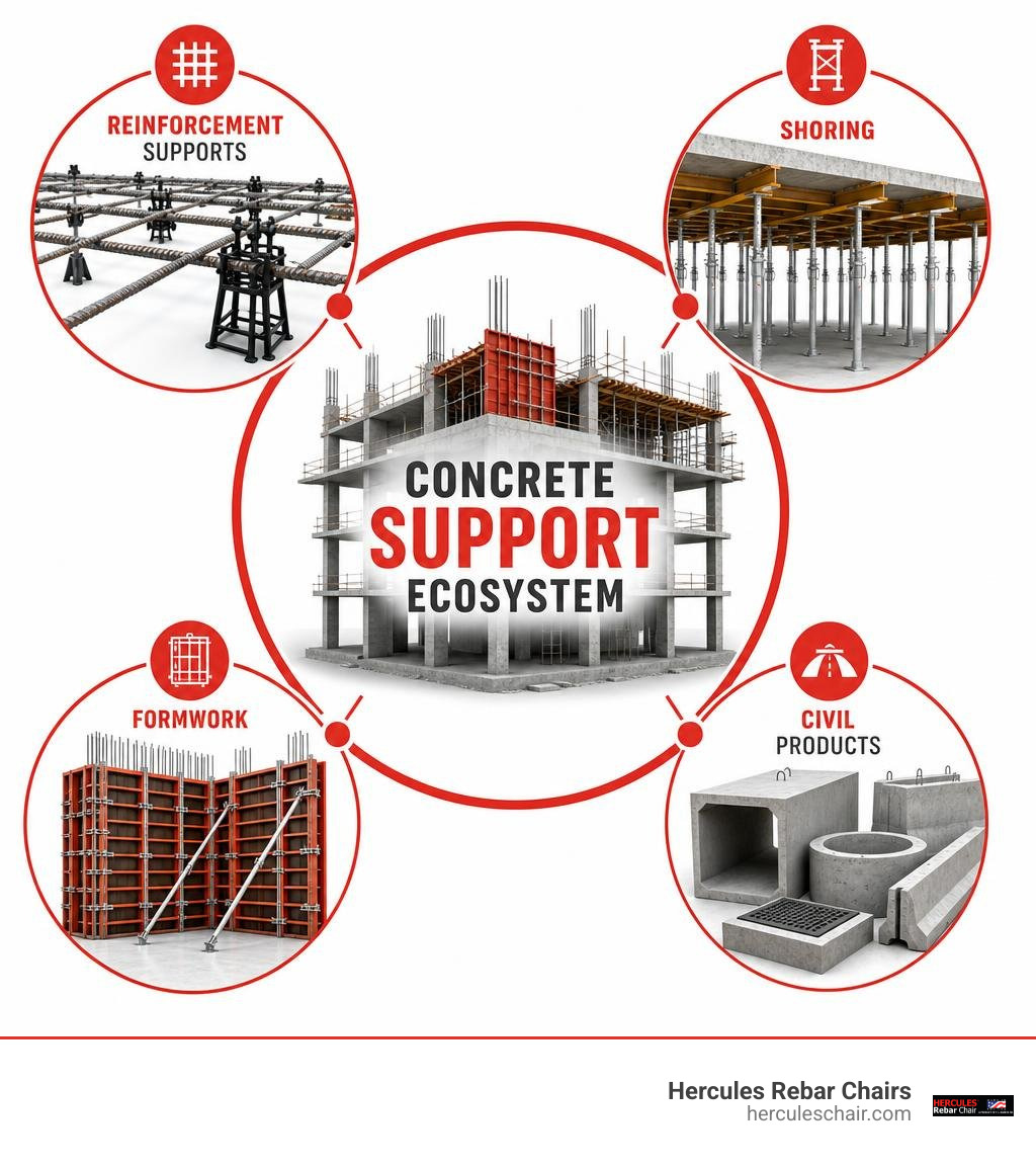 Concrete support ecosystem showing reinforcement supports, shoring, formwork, and civil products infographic