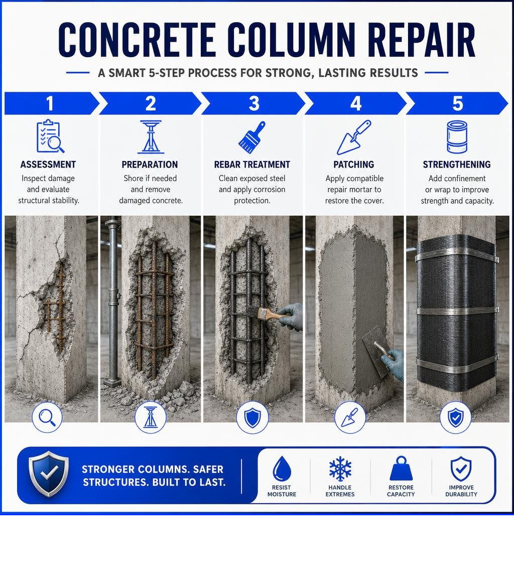 Concrete column repair assessment, preparation, rebar treatment, patching, and strengthening stages infographic Concrete column repair assessment, preparation, rebar treatment, patching, and strengthening stages infographic