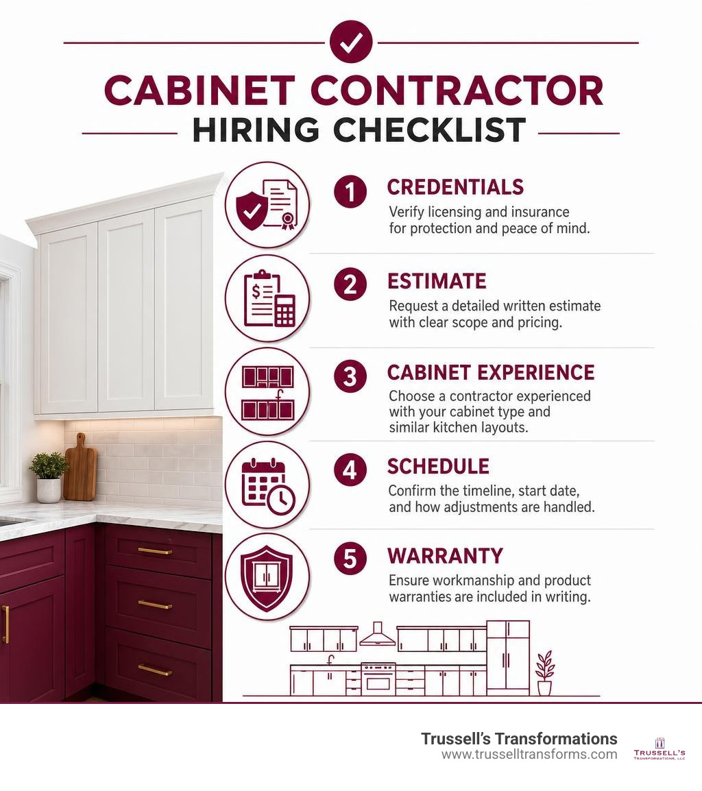 Cabinet Contractor Hiring Checklist: Credentials, Estimate, Cabinet Experience, Schedule, Warranty Infographic