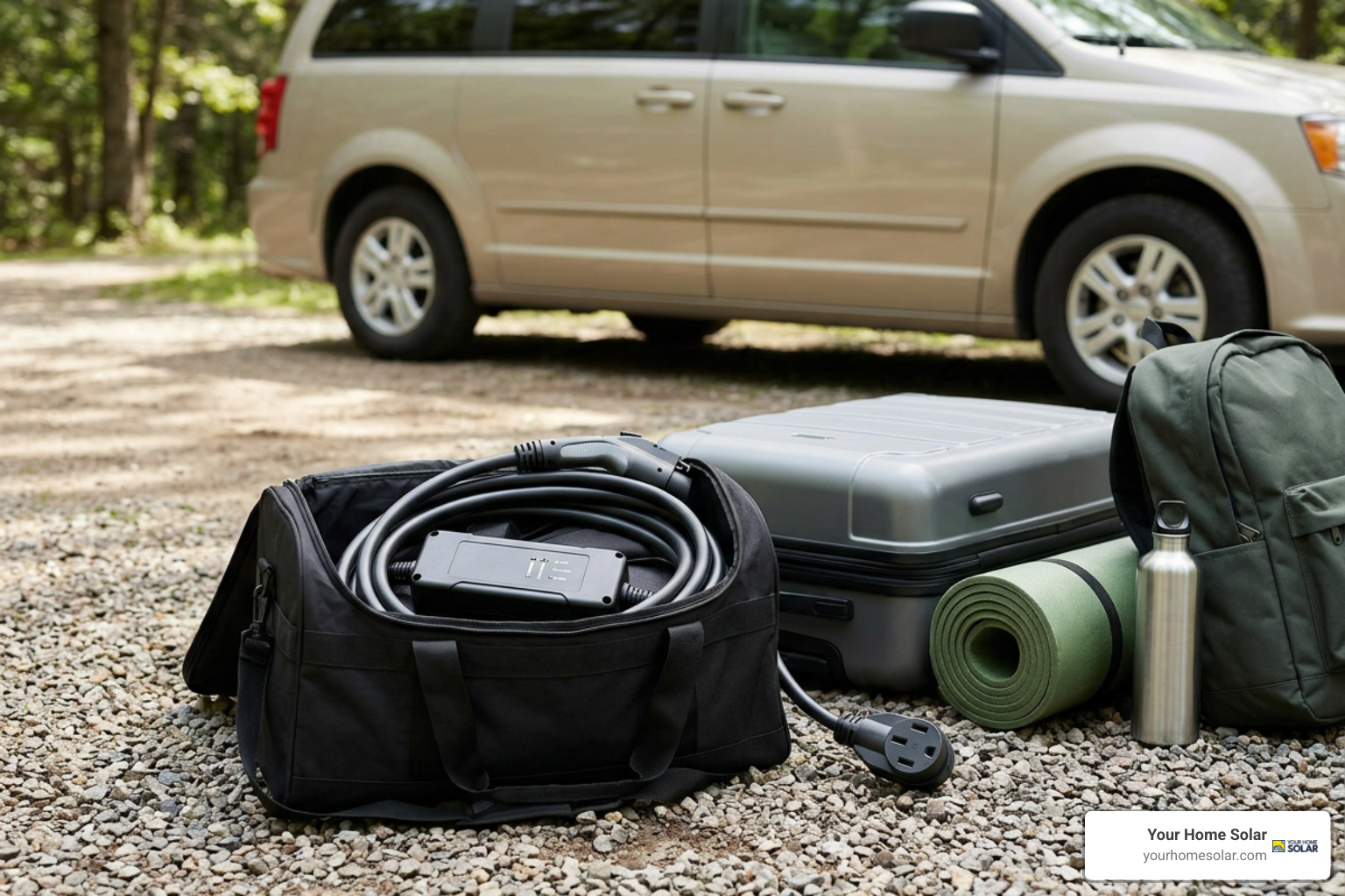 Portable dual-voltage EV charger packed for travel Portable dual-voltage EV charger packed for travel