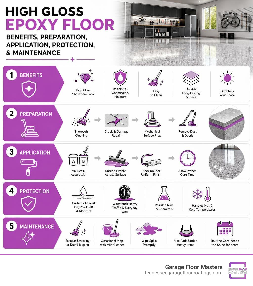High gloss epoxy floor benefits, preparation, application, protection, and maintenance infographic High gloss epoxy floor benefits, preparation, application, protection, and maintenance infographic