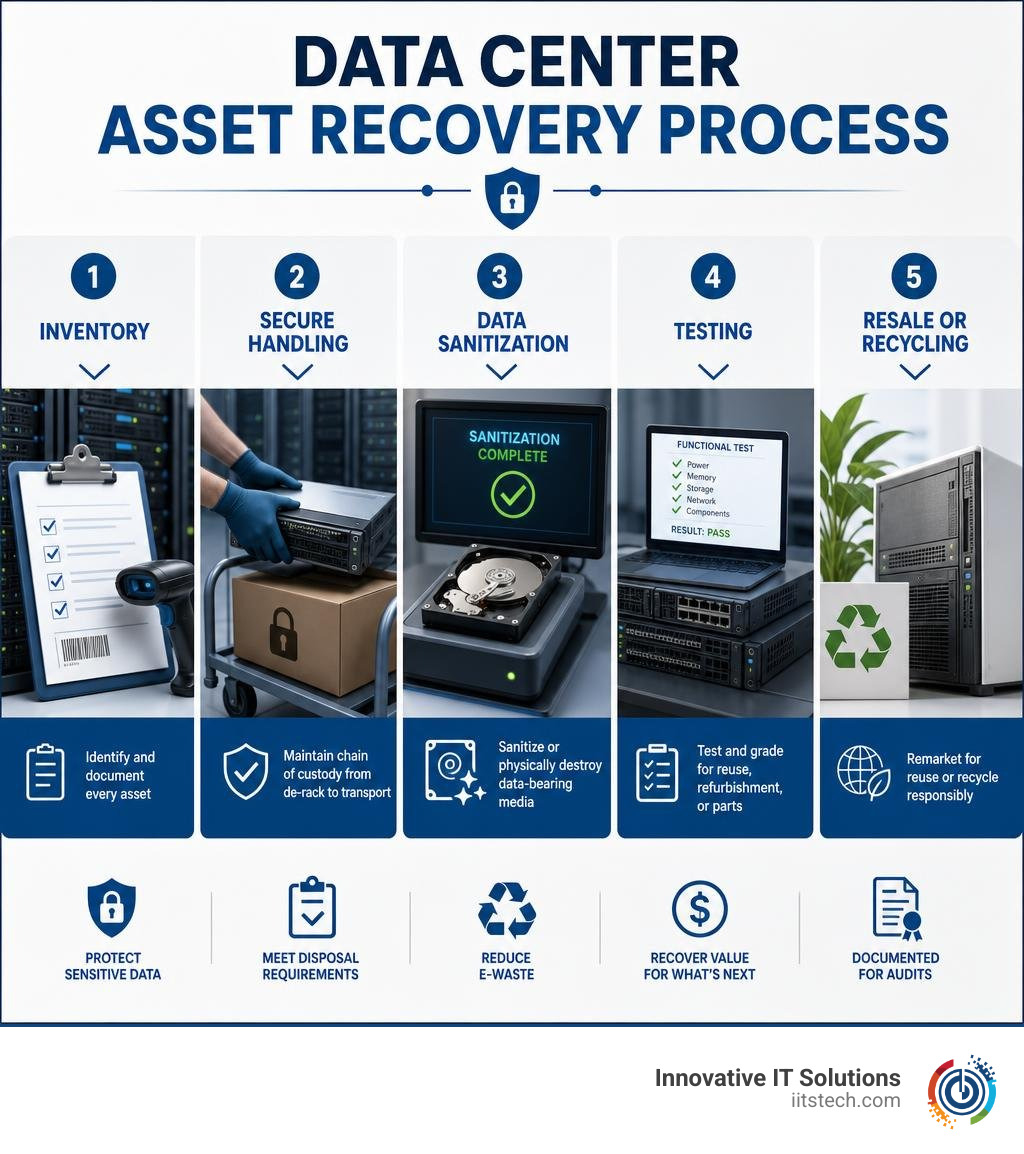 Data center asset recovery process: inventory, secure handling, data sanitization, testing, resale or recycling infographic