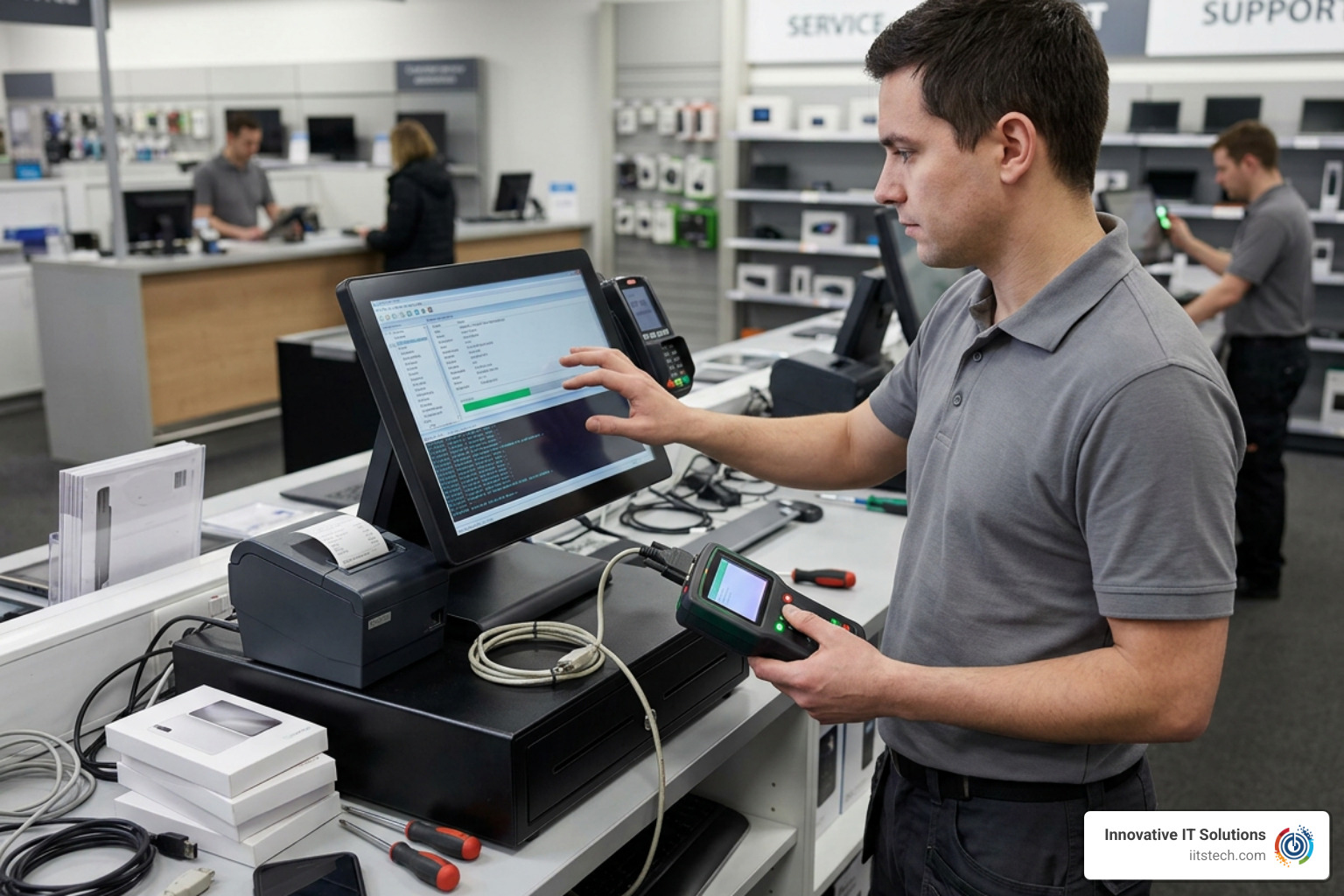 Technician running diagnostic tests on retail hardware Technician running diagnostic tests on retail hardware