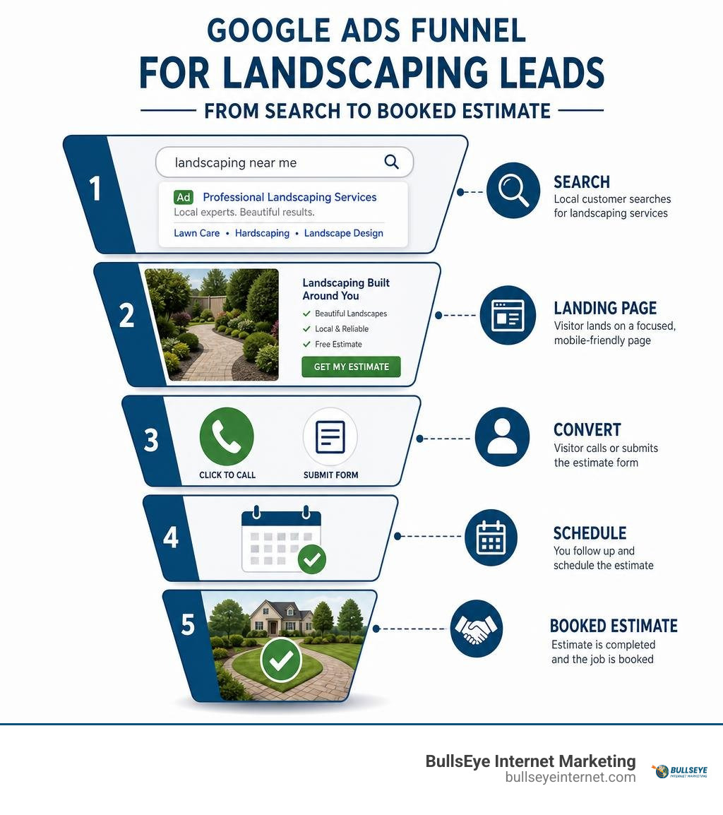 Google Ads funnel for landscaping leads from search to booked estimate infographic Google Ads funnel for landscaping leads from search to booked estimate infographic