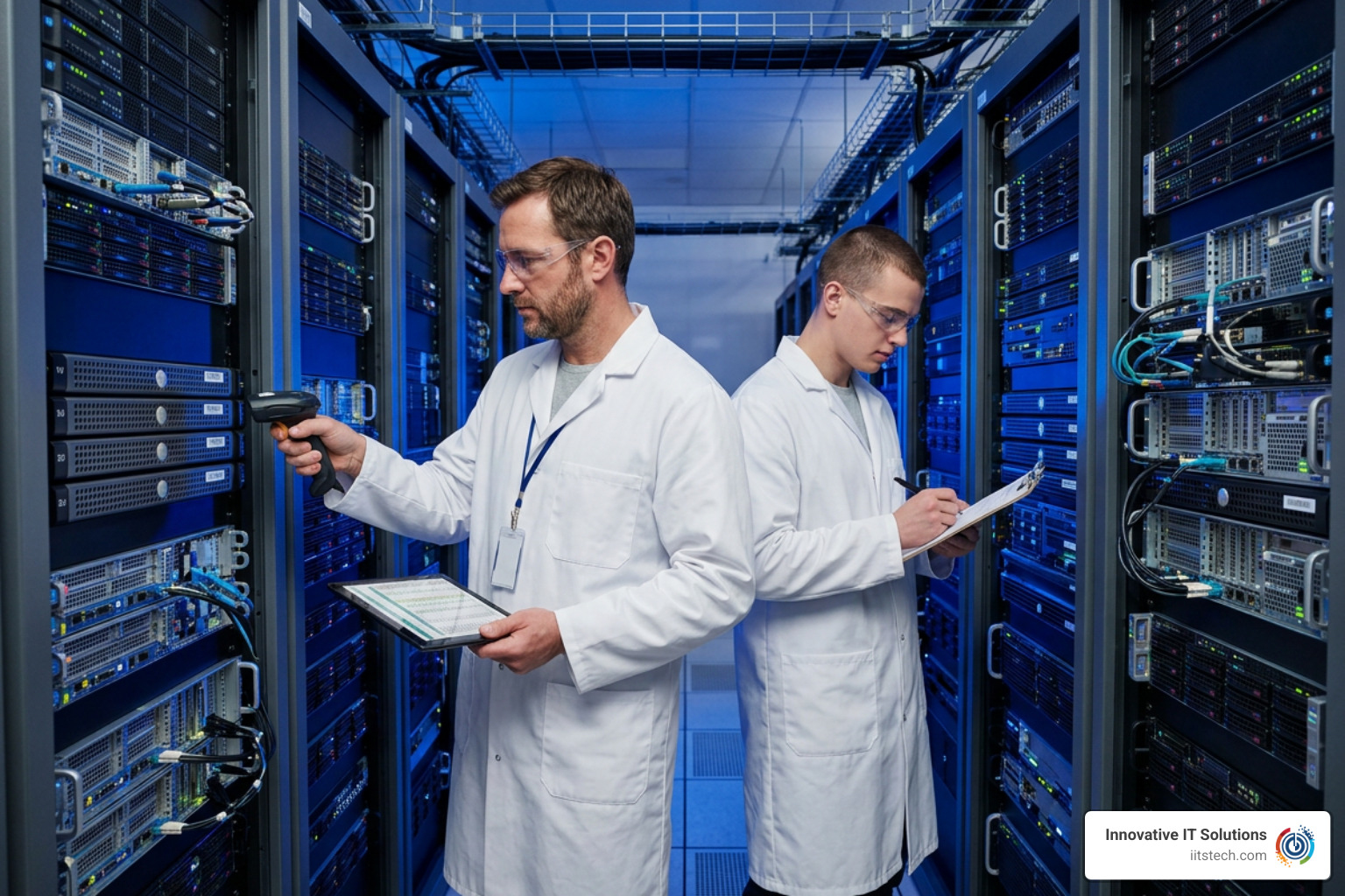 IT technicians inventorying and scanning rackmount enterprise servers