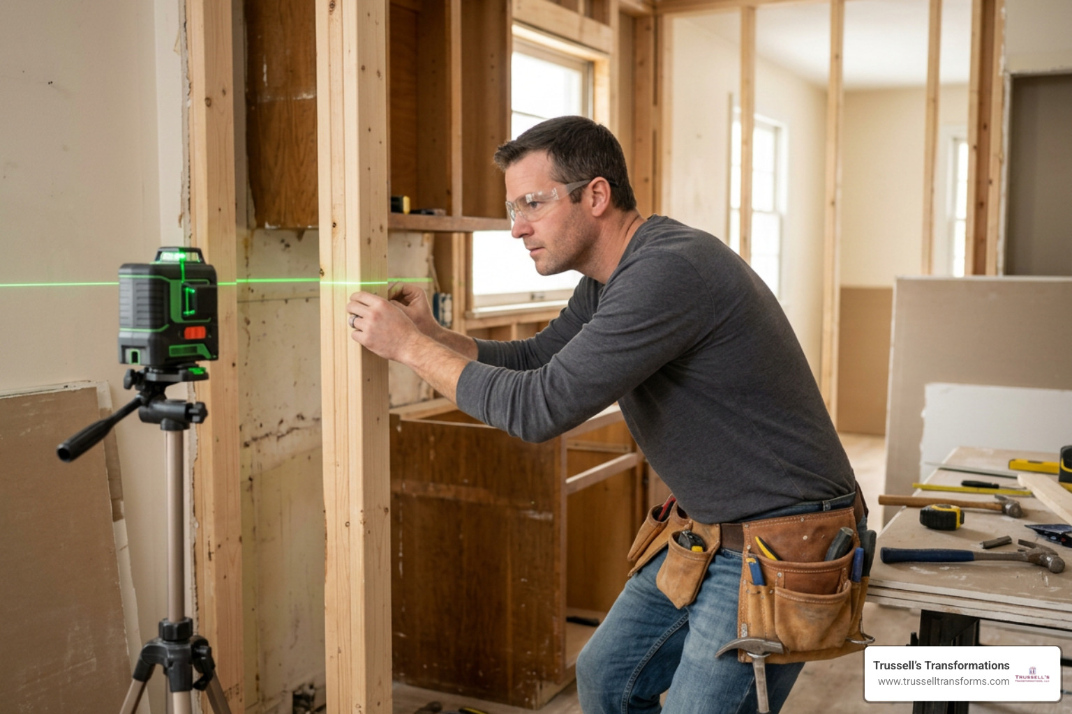 Contractor Verifying Wall Alignment With Laser Level