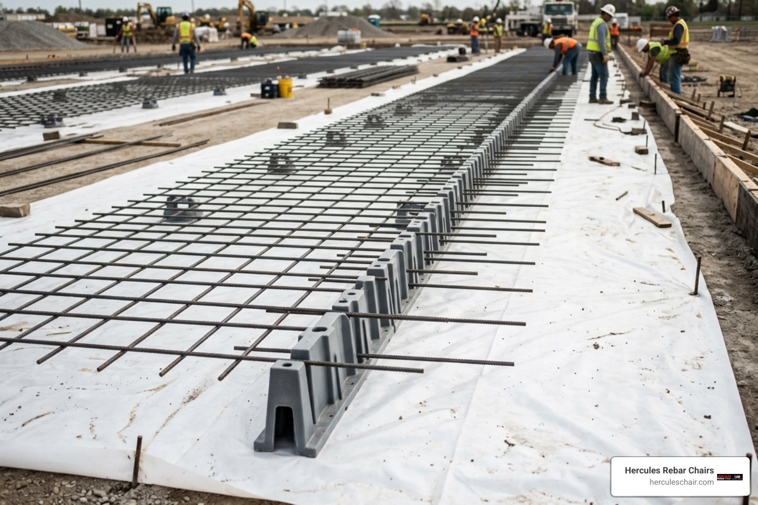 continuous bolster chairs supporting structural rebar grid on a vapor barrier
