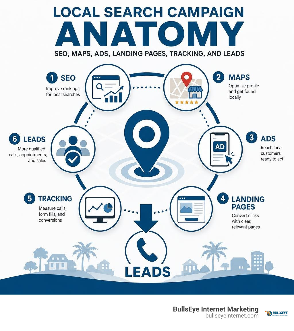 Local search campaign anatomy: SEO, maps, ads, landing pages, tracking, and leads infographic