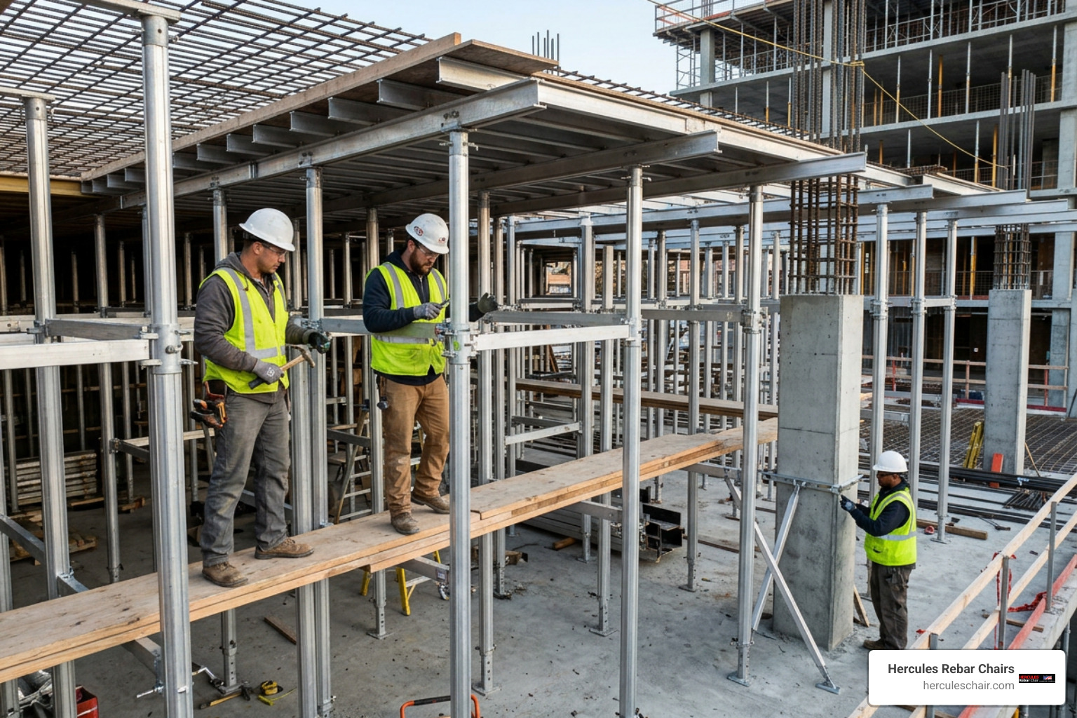 modular aluminum shoring and formwork assembly on a multi-story jobsite
