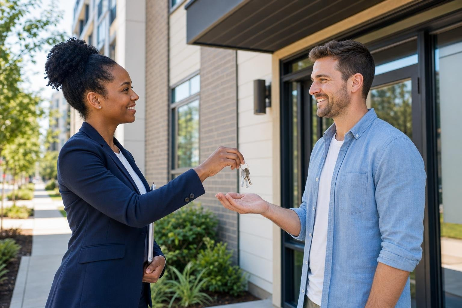 Person of color property specialist handing keys to a white resident Person of color property specialist handing keys to a white resident