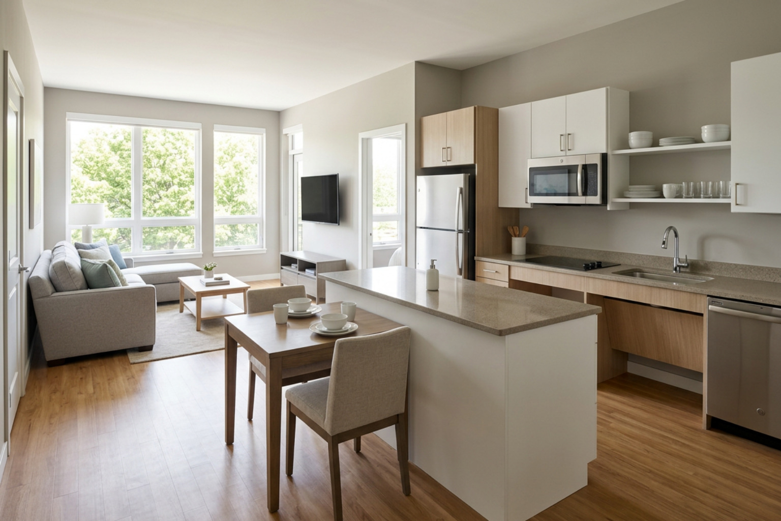 modern barrier-free senior apartment interior living room and kitchen modern barrier-free senior apartment interior living room and kitchen