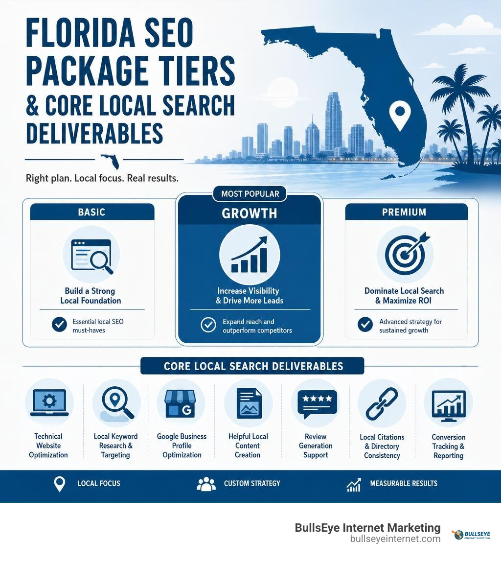 Florida SEO package tiers and core local search deliverables infographic Florida SEO package tiers and core local search deliverables infographic