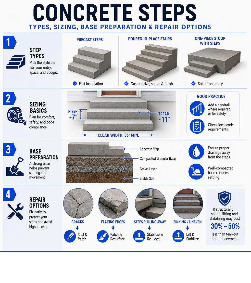 Concrete step types, sizing, base preparation, and repair options infographic Concrete step types, sizing, base preparation, and repair options infographic