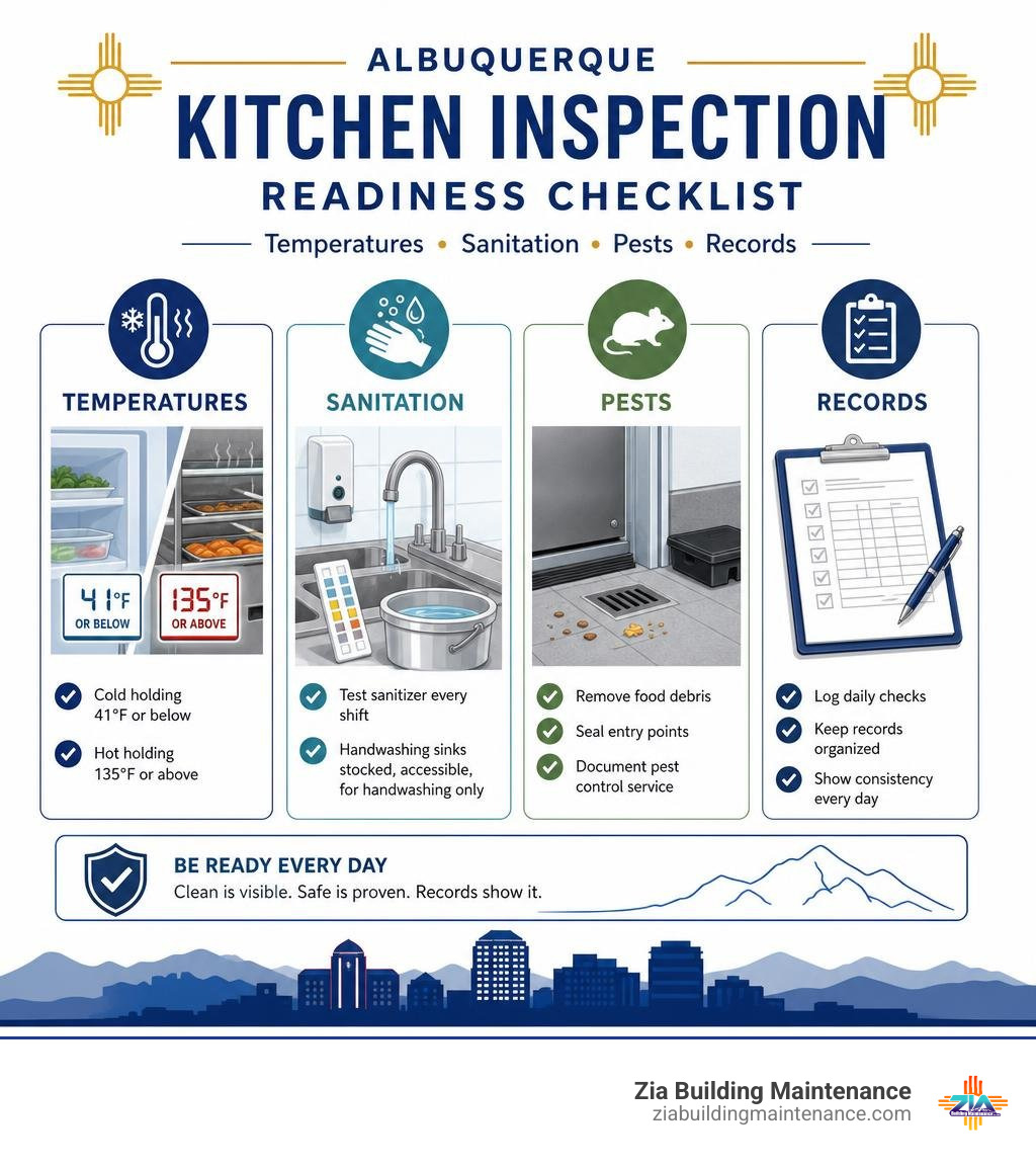 Albuquerque kitchen inspection readiness checklist for temperatures sanitation pests and records infographic