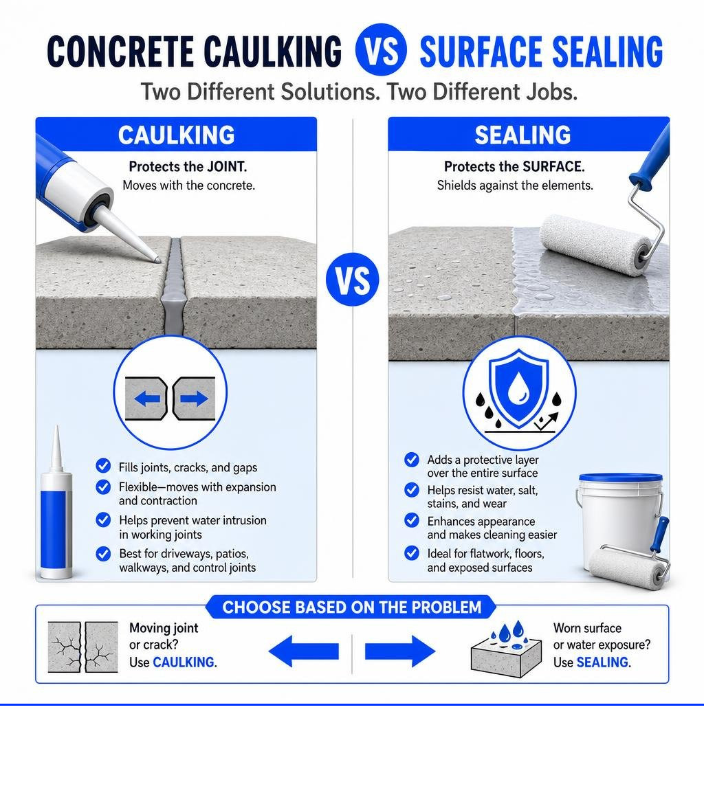 Concrete caulking versus surface sealing comparison infographic Concrete caulking versus surface sealing comparison infographic