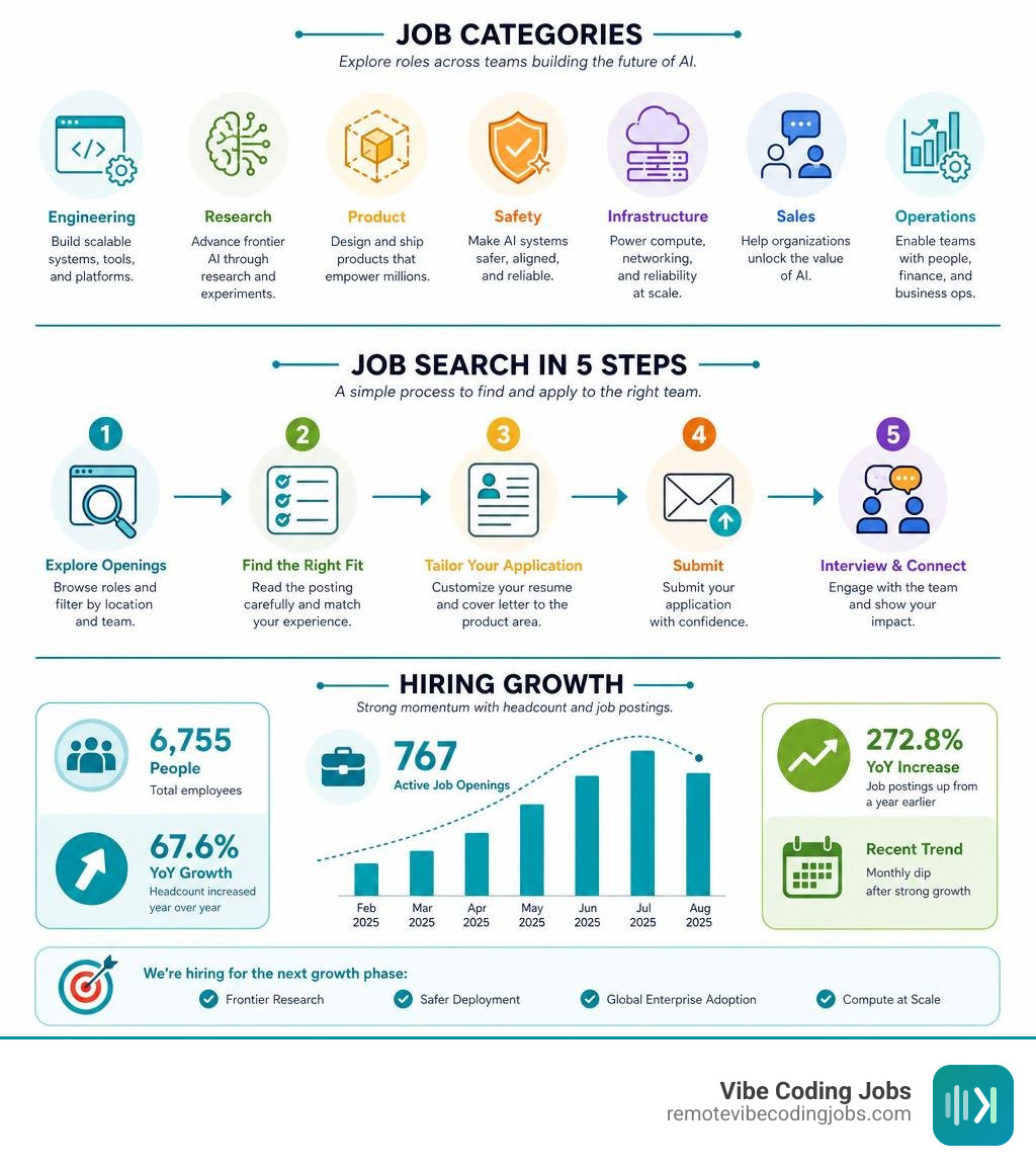 Infographic showing OpenAI jobs categories, job-search steps, and hiring growth infographic