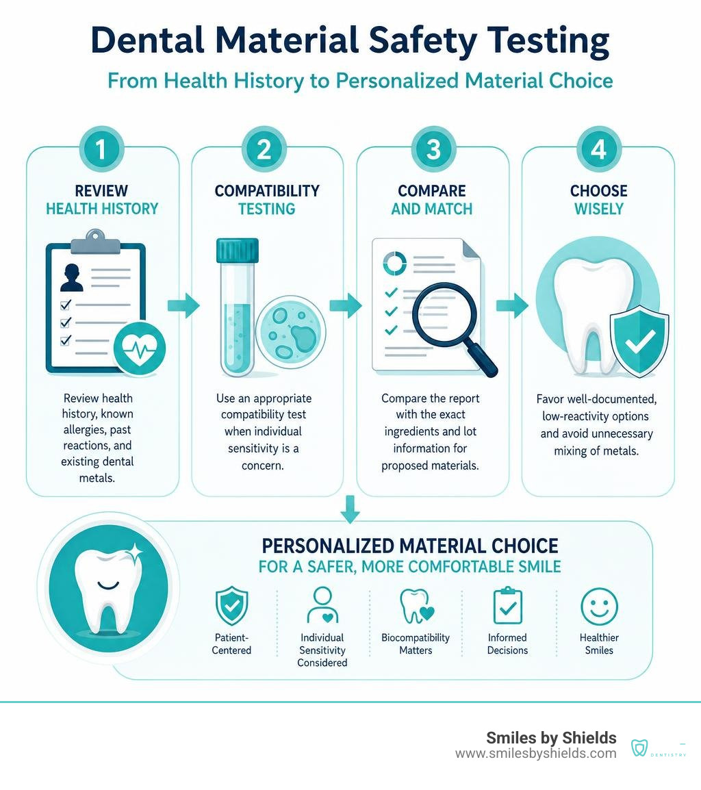 Dental material safety testing steps from health history to personalized material choice infographic Dental material safety testing steps from health history to personalized material choice infographic
