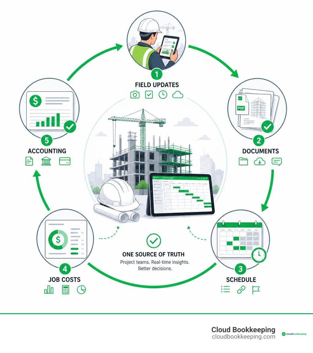 Construction software comparison workflow: field updates, documents, schedule, job costs, accounting infographic