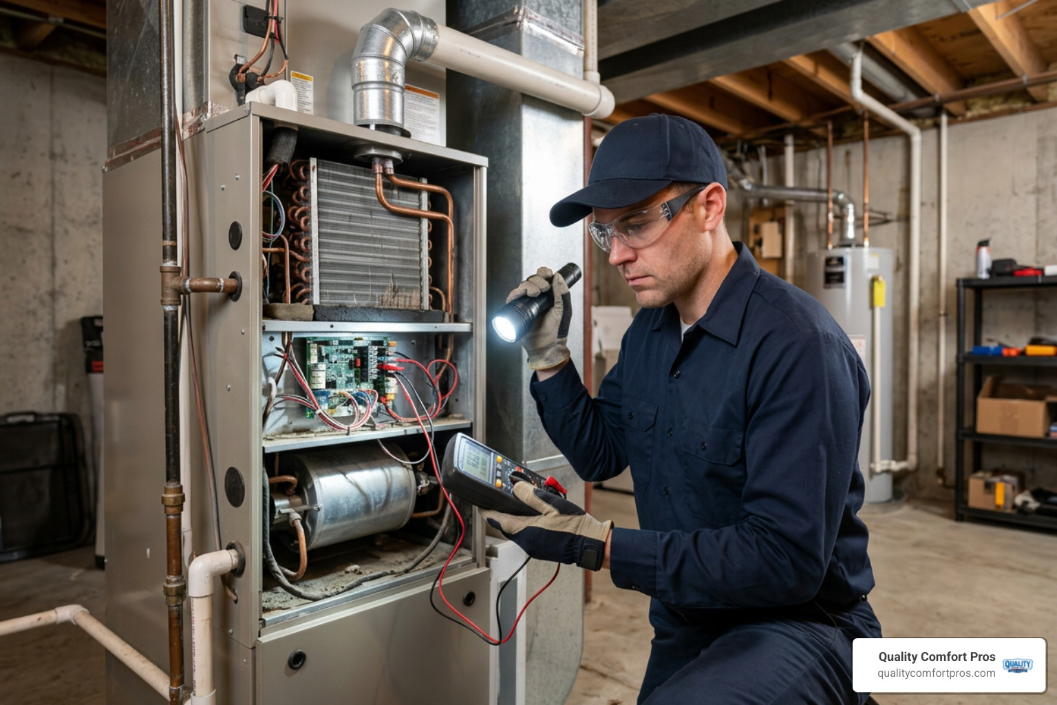 Experienced HVAC technician inspecting the burners inside an open gas furnace in a Northern Michigan basement Experienced HVAC technician inspecting the burners inside an open gas furnace in a Northern Michigan basement