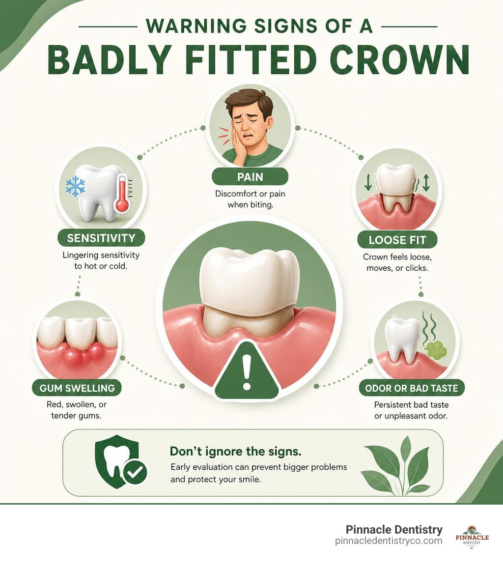 Infographic showing crown warning signs including pain, sensitivity, loose fit, gum swelling, and odor infographic