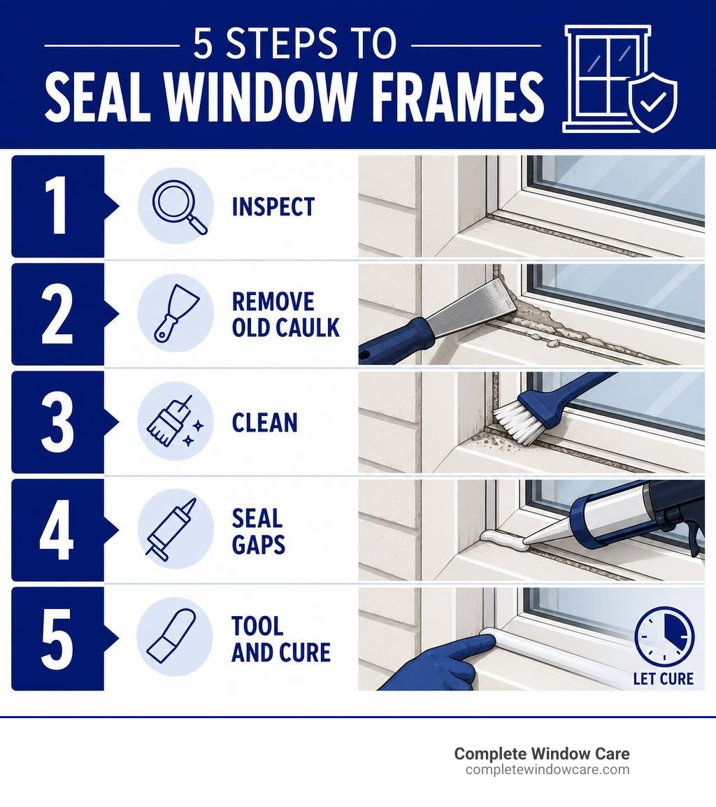 Five steps: inspect, remove old caulk, clean, seal gaps, tool and cure infographic