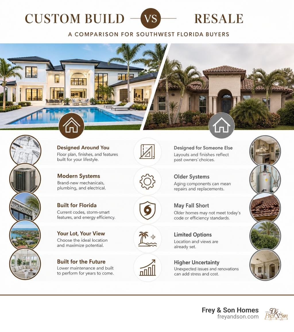 Custom build versus resale comparison for Southwest Florida buyers infographic