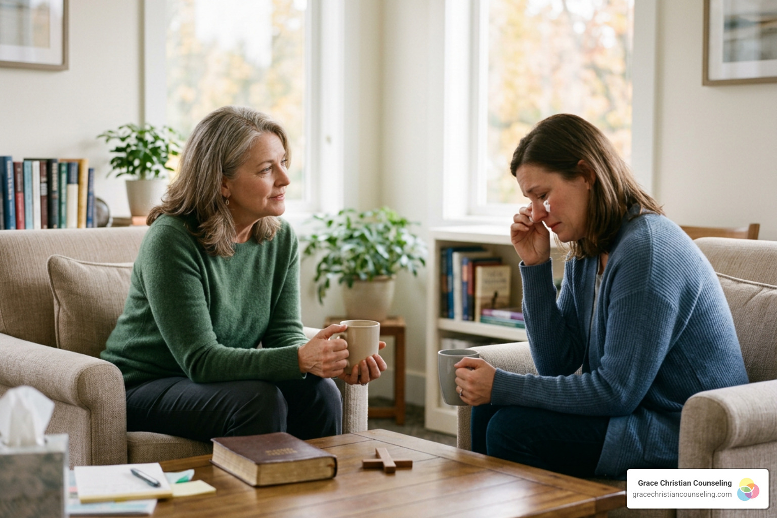 Counselor providing compassionate faith-based therapy in an office Counselor providing compassionate faith-based therapy in an office