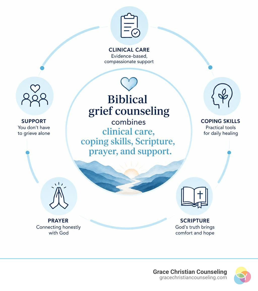 Biblical grief counseling combines clinical care, coping skills, Scripture, prayer, and support infographic Biblical grief counseling combines clinical care, coping skills, Scripture, prayer, and support infographic