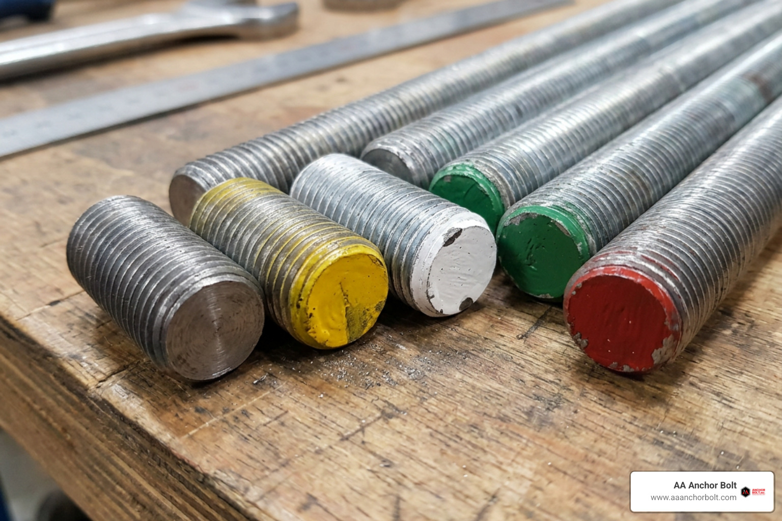 Color-coded metric threaded rod ends showing ISO grades Color-coded metric threaded rod ends showing ISO grades