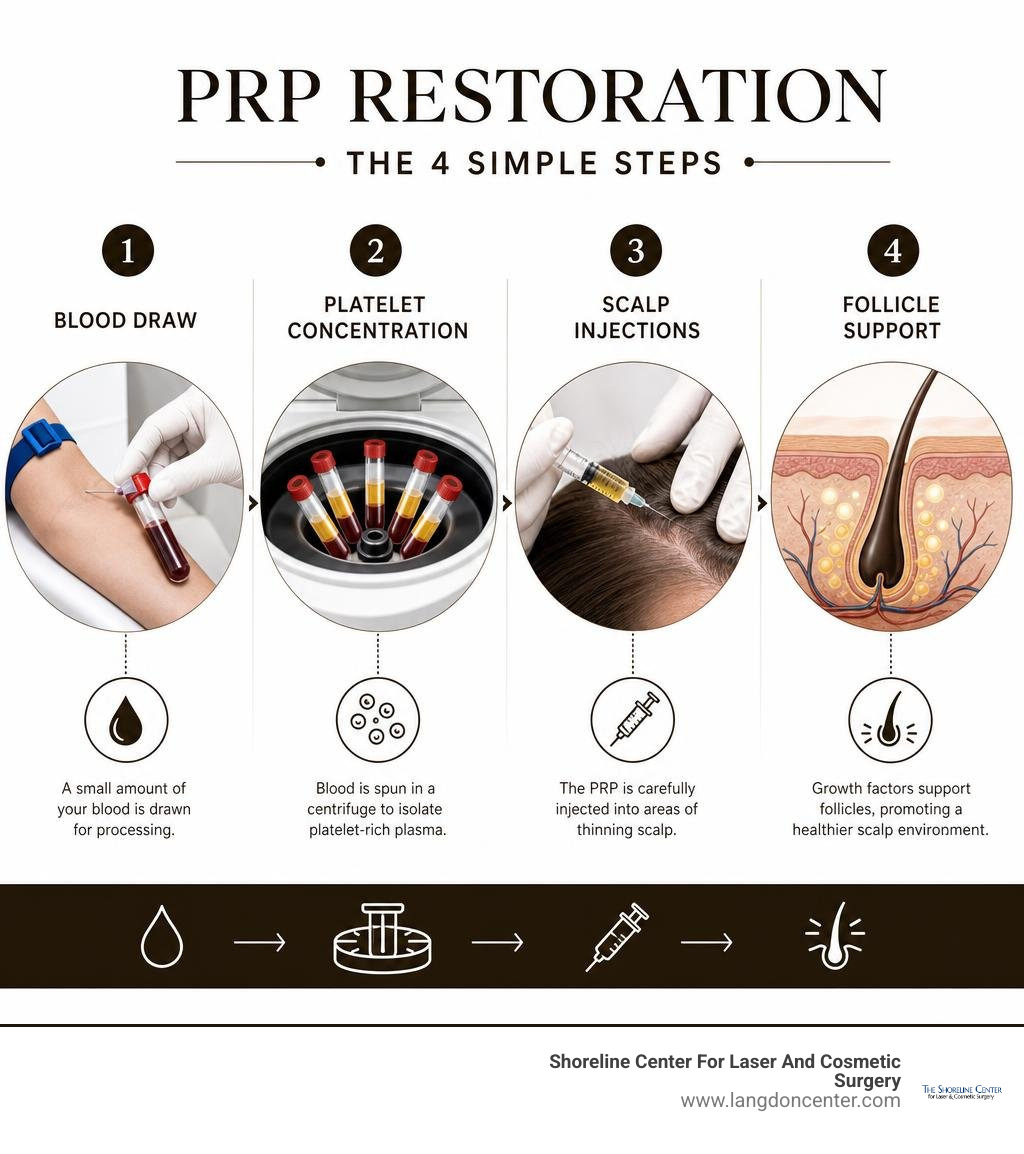 PRP restoration steps: blood draw, platelet concentration, scalp injections, follicle support infographic PRP restoration steps: blood draw, platelet concentration, scalp injections, follicle support infographic