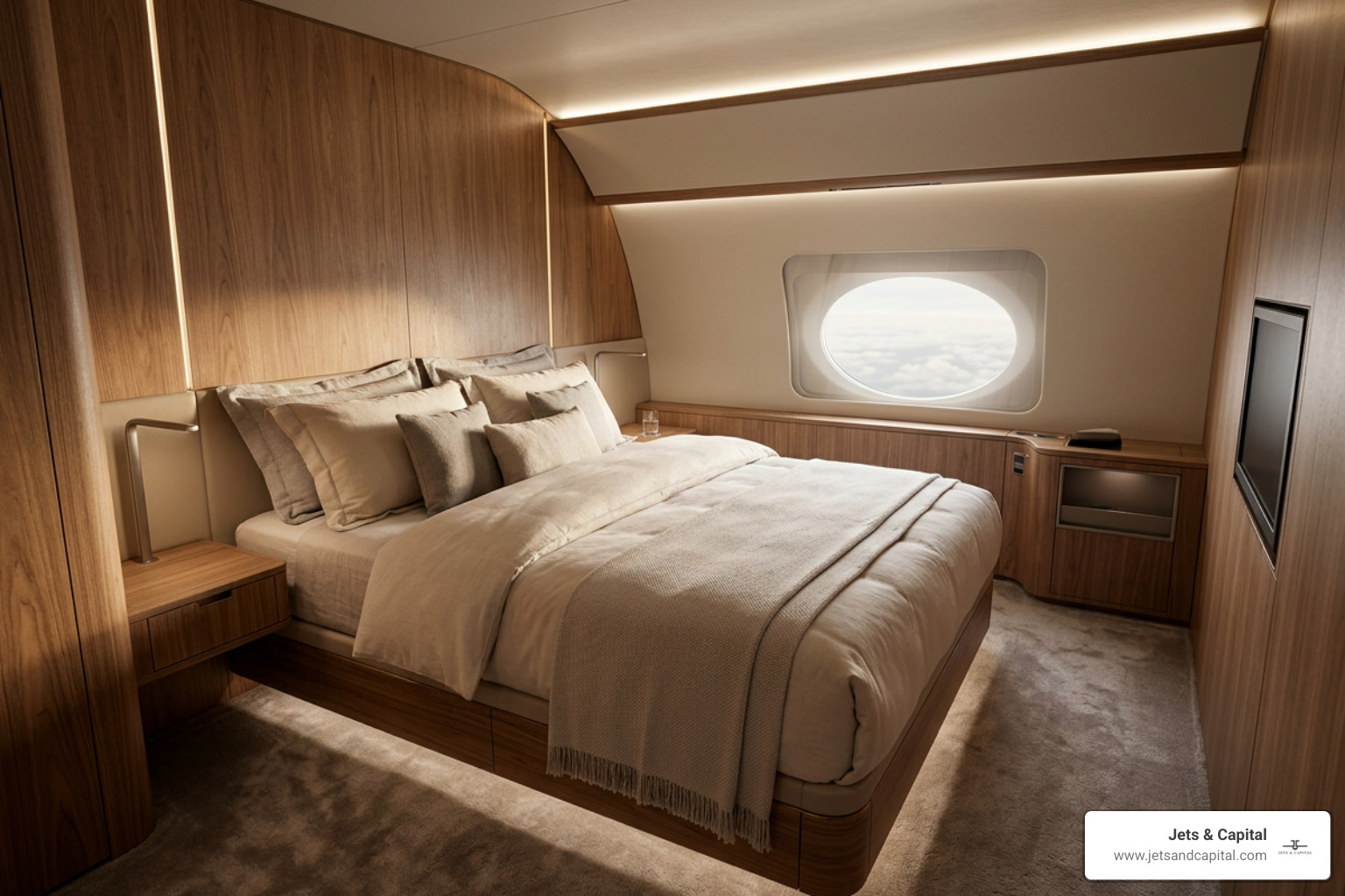 Aerospace certified wood veneers and ambient lighting in a jet bedroom Aerospace certified wood veneers and ambient lighting in a jet bedroom