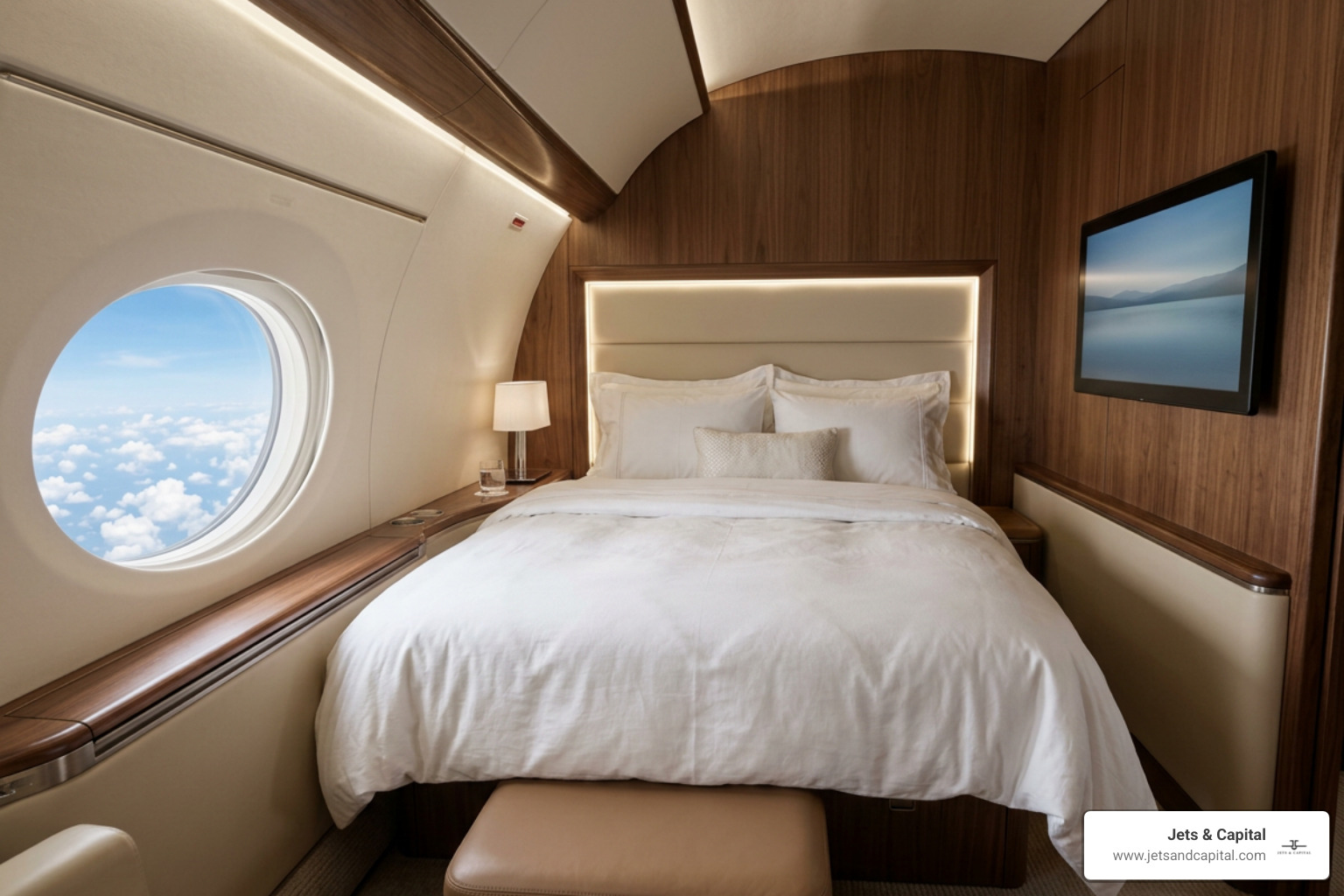 Modern corporate jet bedroom suite with king-size bed and entertainment Modern corporate jet bedroom suite with king-size bed and entertainment