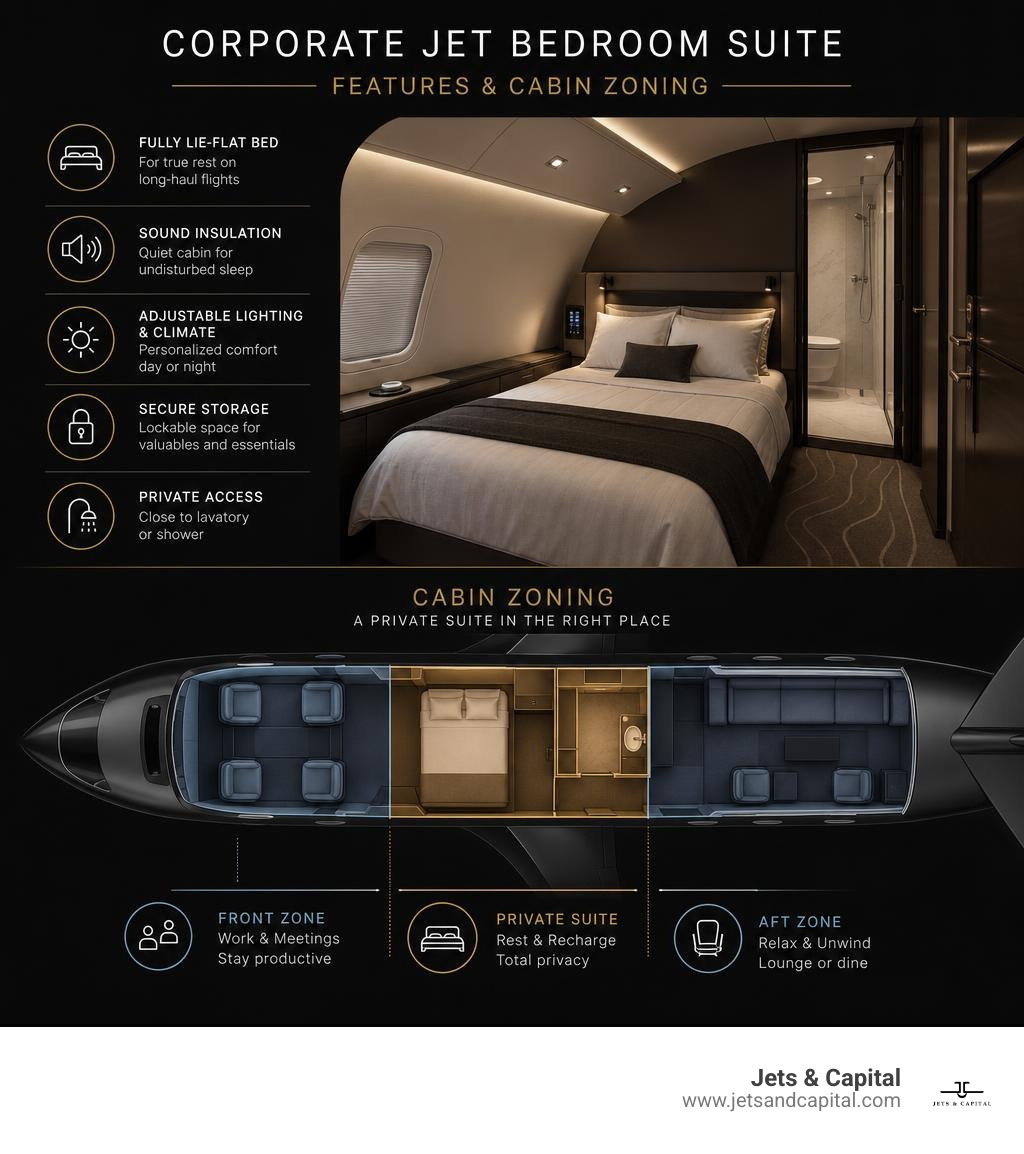 Corporate jet bedroom suite features and cabin zoning infographic Corporate jet bedroom suite features and cabin zoning infographic
