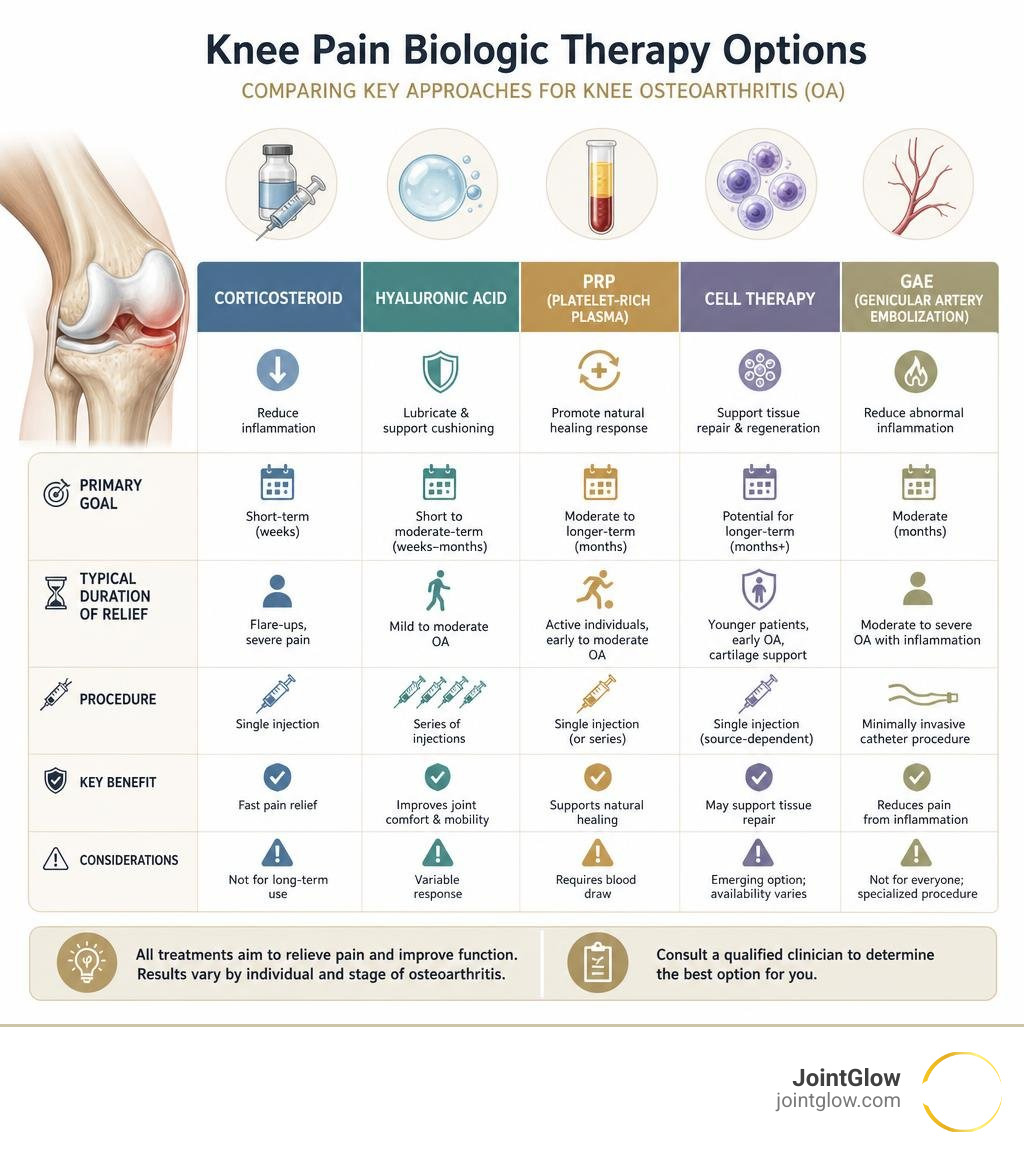 Infographic comparing corticosteroid, hyaluronic acid, PRP, cell therapy, and GAE for knee OA infographic