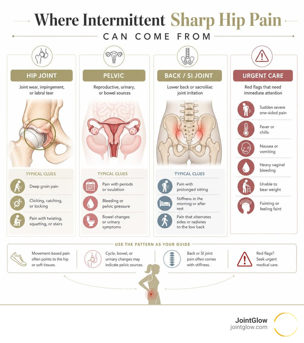 Infographic comparing hip joint, pelvic, back, and urgent causes of intermittent sharp hip pain infographic