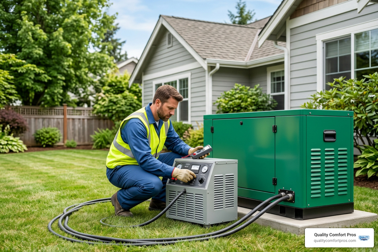 technician testing a home standby generator during a service visit technician testing a home standby generator during a service visit