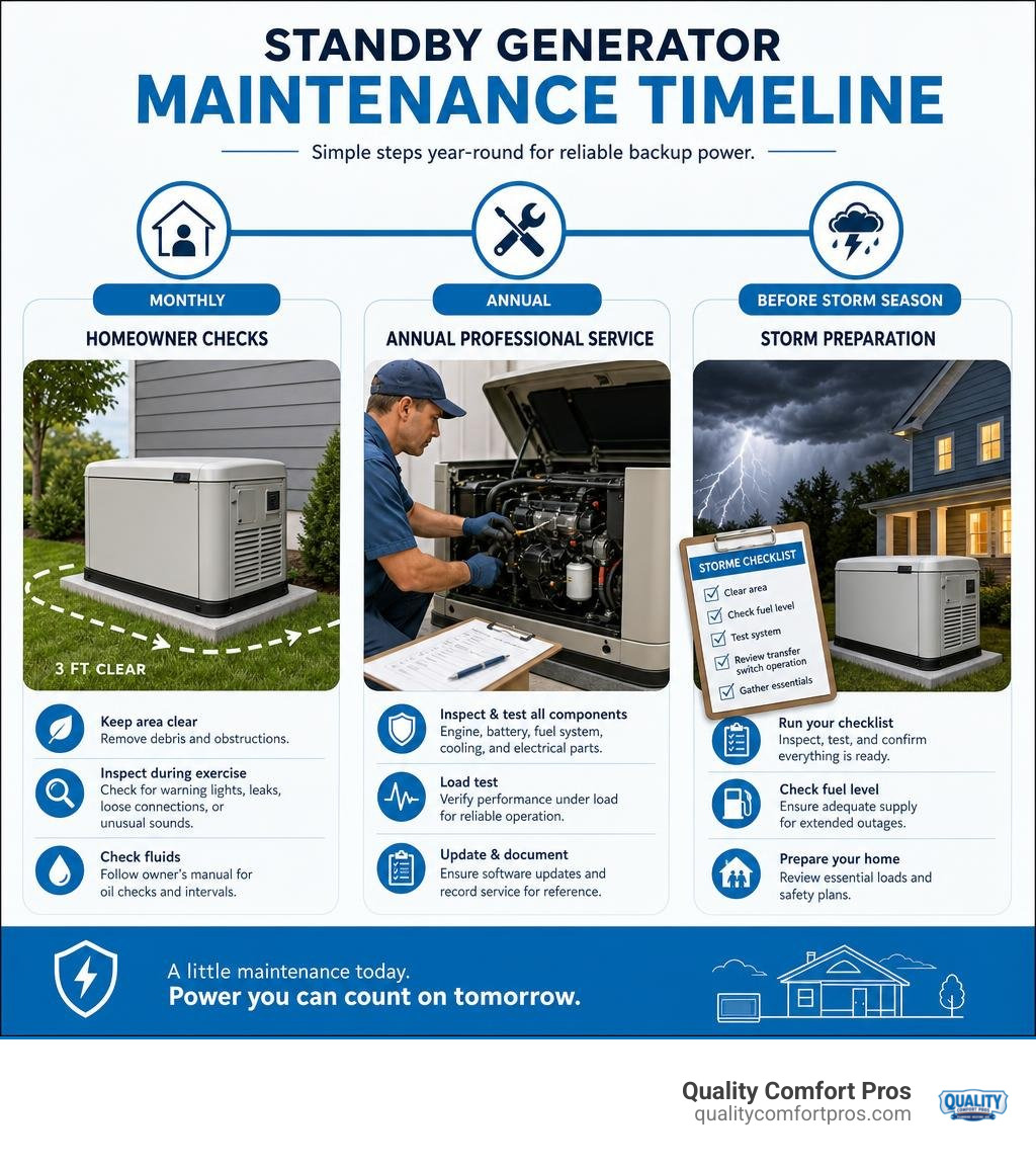 standby generator maintenance timeline with homeowner checks annual service and storm preparation infographic standby generator maintenance timeline with homeowner checks annual service and storm preparation infographic