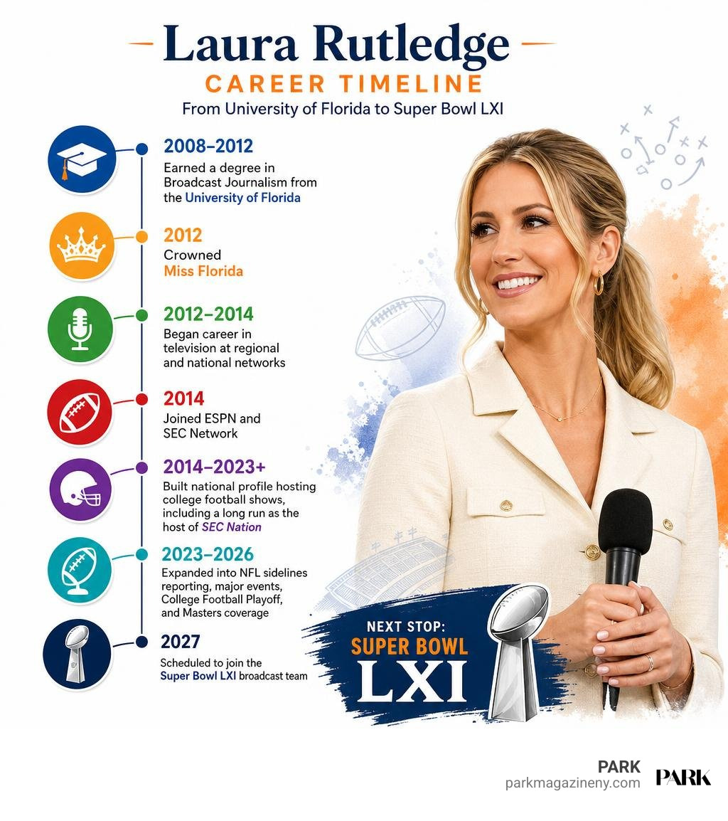 Laura Rutledge career timeline from University of Florida to Super Bowl LXI infographic Laura Rutledge career timeline from University of Florida to Super Bowl LXI infographic